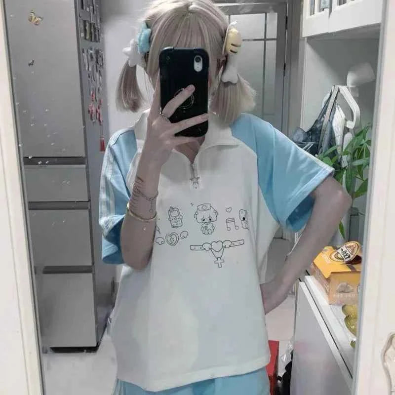Japanese Cartoon Print Patchwork Grunge T-Shirt