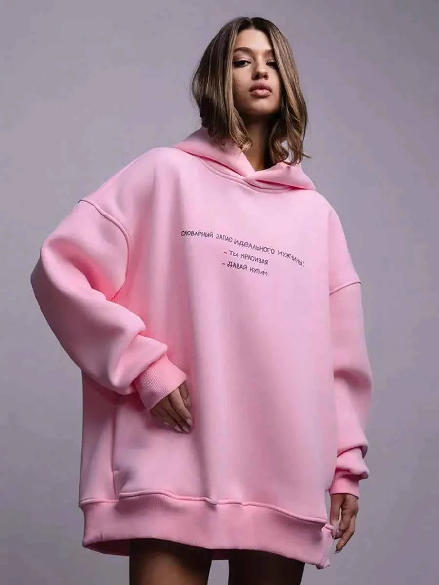 Cozy Oversized Retro Print Fleece Hoodie