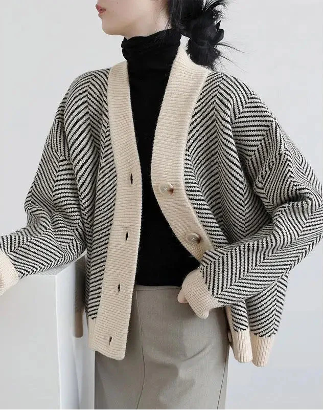 Striped V-Neck Long-Sleeve Thick Cardigan - Luxuryurbanwear