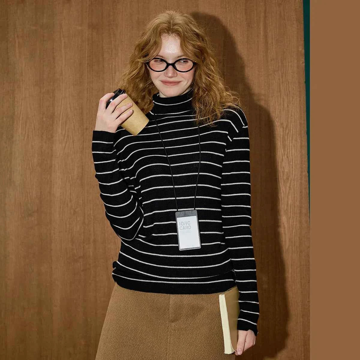 Vintage Stripe Knit High Neck Long Sleeve T-Shirt