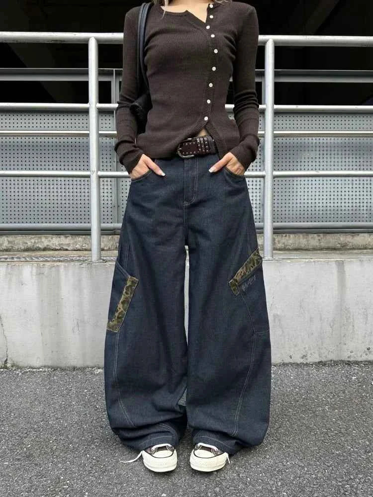 Chic Leopard Spliced Hip Hop Cargo Jeans
