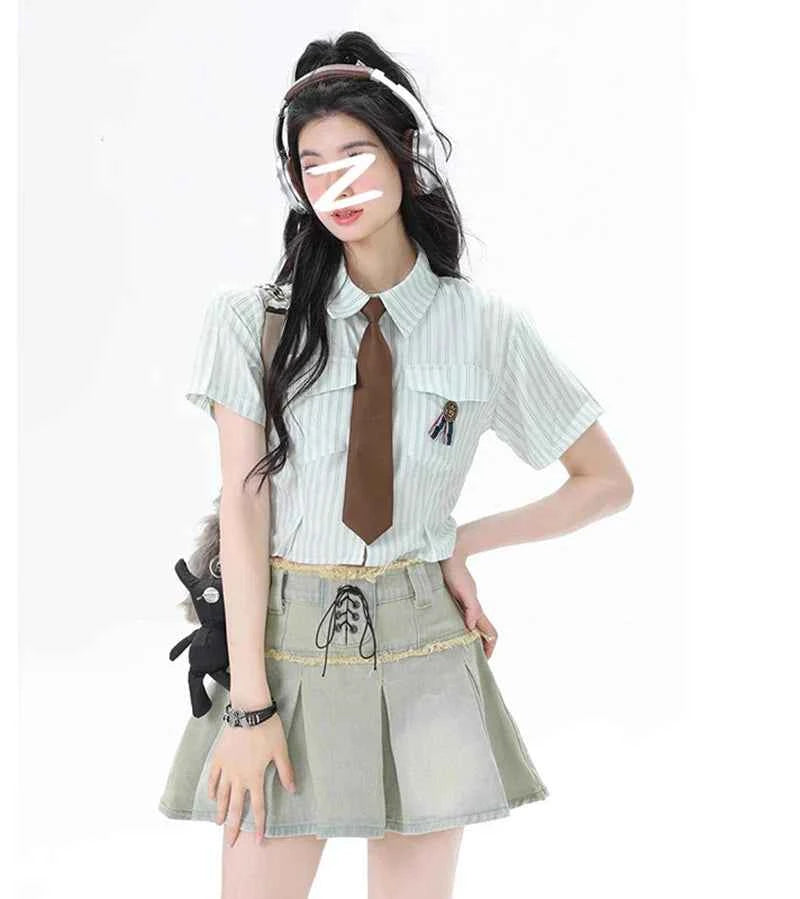 Y2K Women Streetwear Vintage Striped Tie Blouse Shirt
