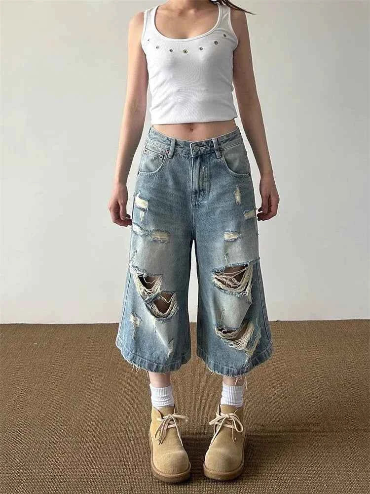 Streetwear Comfort Distressed Wide Leg Denim Jorts