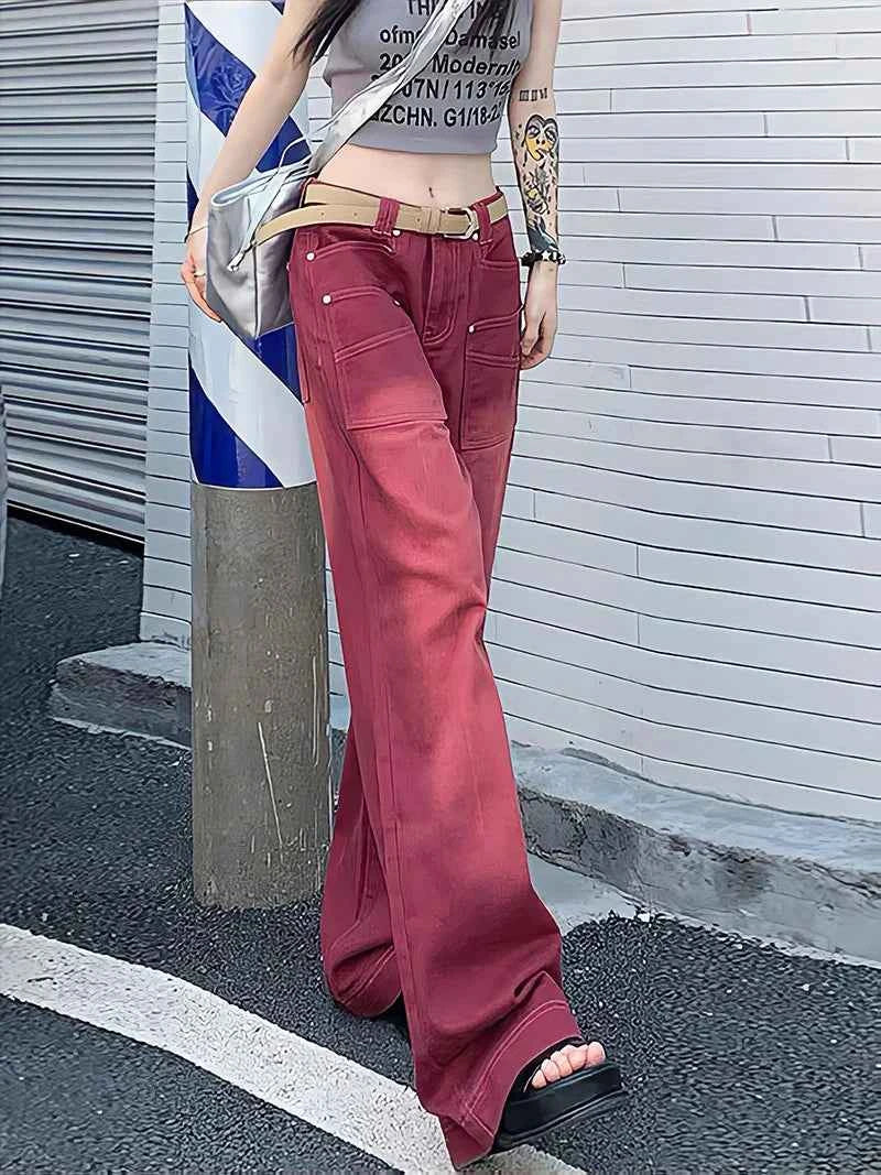 Wine Red Retro European Style Jeans