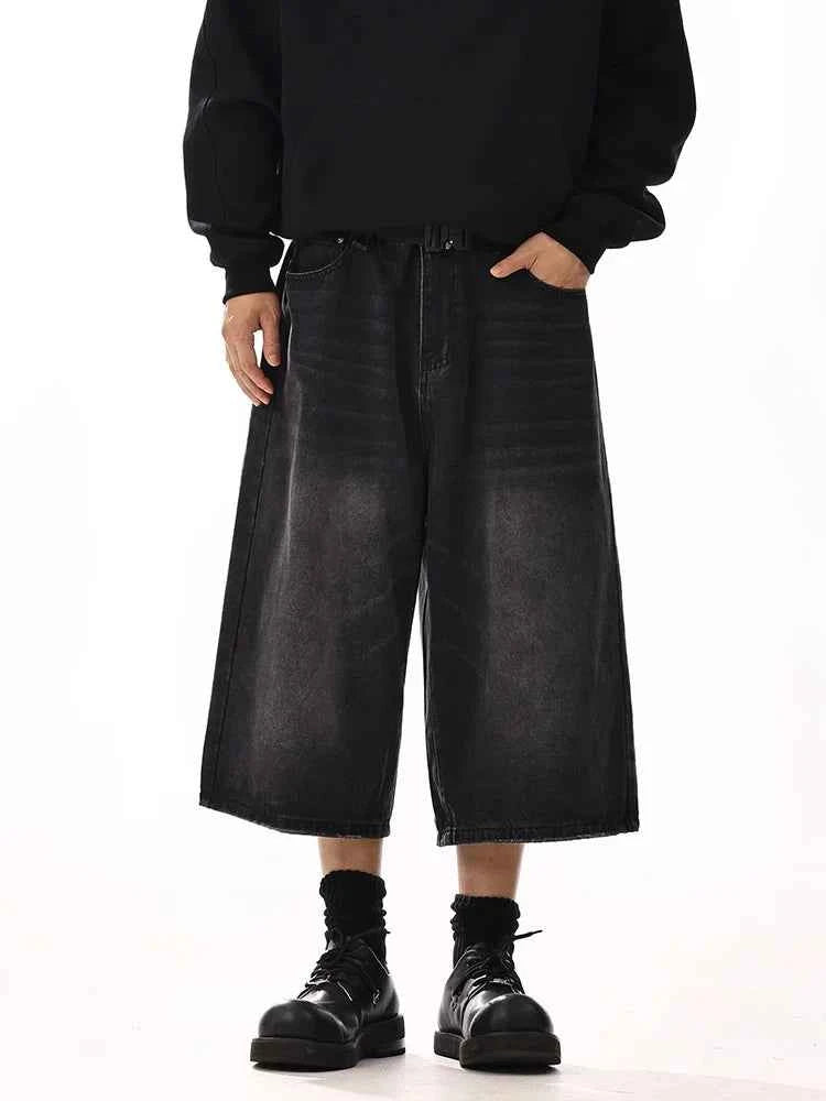 Men Black Wide Leg Cleanfit Denim Jorts