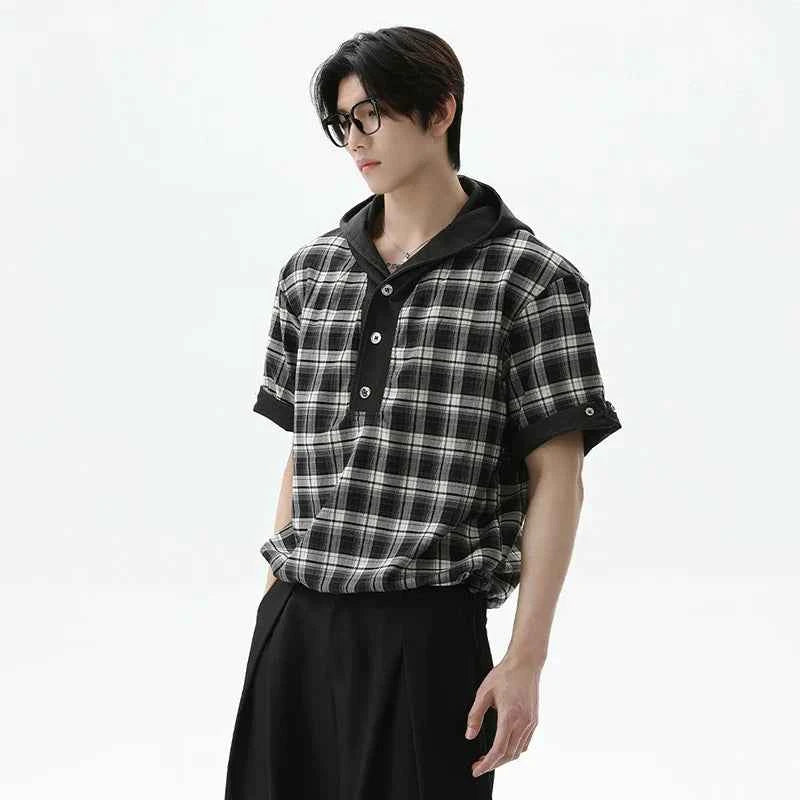Effortless Plaid Button-Up Hooded T-Shirt