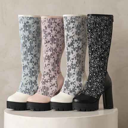 Graceful Sheer Floral Lace Knee High Boots