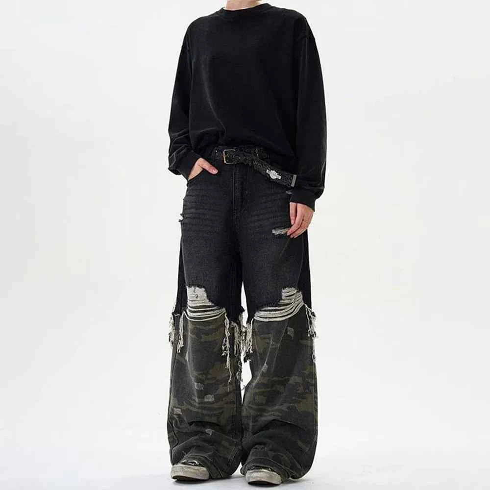 Vintage Camouflage Stitched Baggy Ripped Jeans
