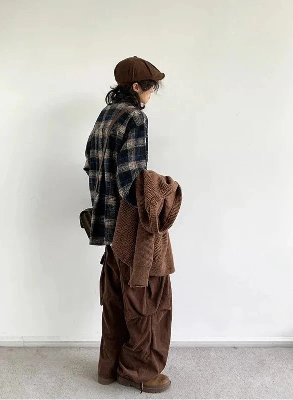 Y2K Cozy Plaid Woolen Long Sleeve Shirt - Luxuryurbanwear