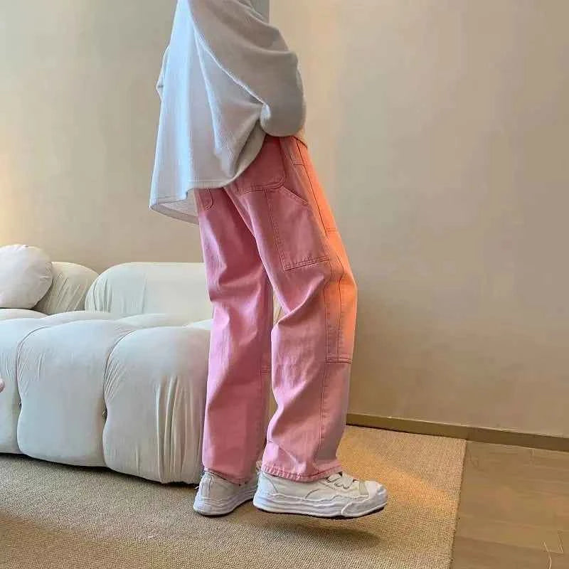 Wardrobe Staple Elegant Pink Baggy Cargo Jeans