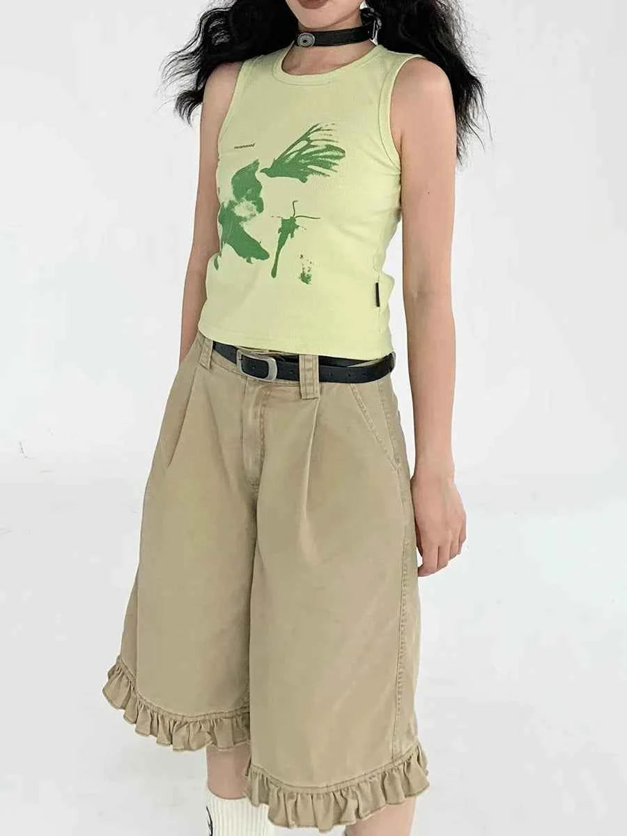 Chic Patchwork Wide Leg Denim Jorts