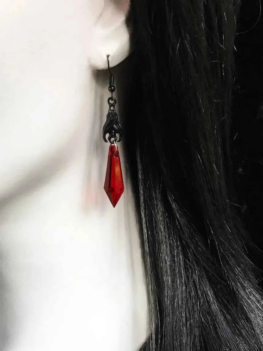 Gothic Black Bat Red Teardrop Earrings