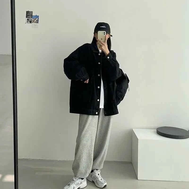 Black Loose Single Breasted Denim Jacket