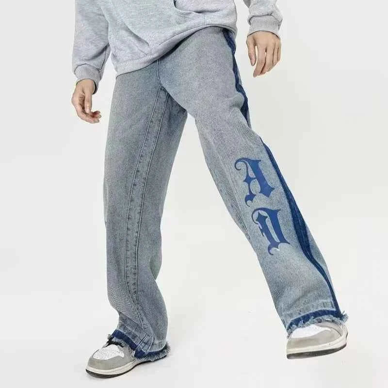 Streetwear Blue Goth Letter Print Cool Jeans