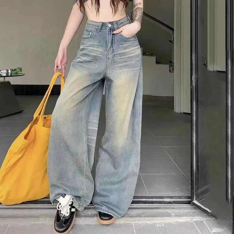 Chic Washed Button High-Waisted Jeans