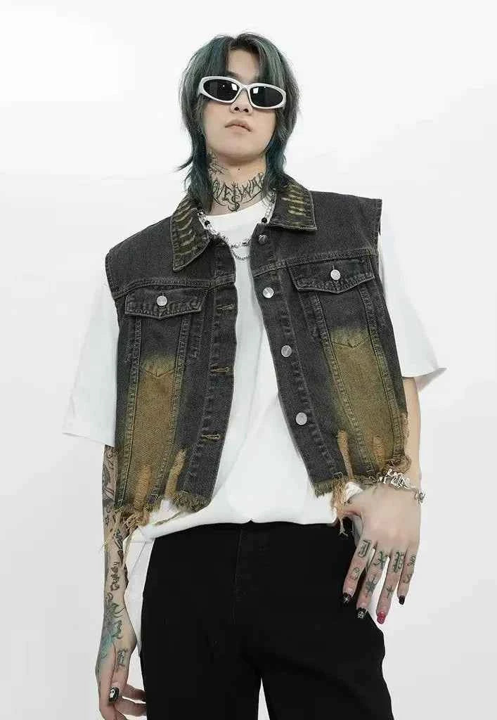 Cowboy Style Distressed Denim Vest
