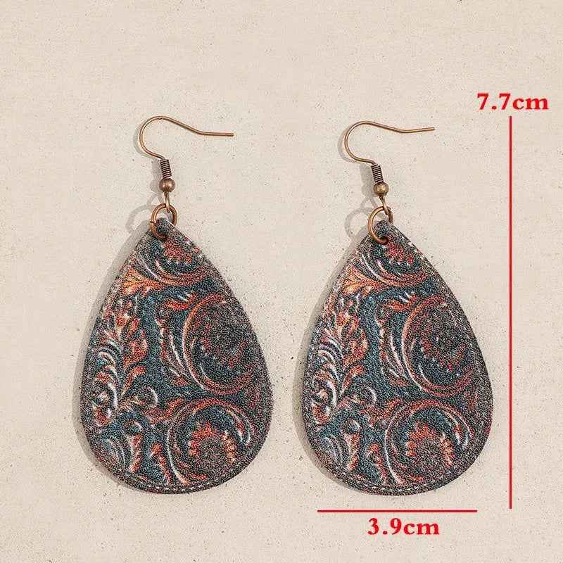 Retro Tan Leather Carved Dangle Earring