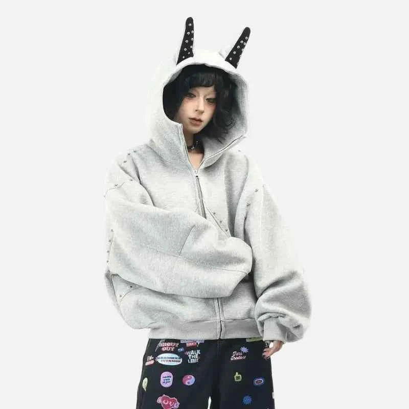 Rivet Patchwork Loose Ears Hooded Gothic Sweatshirt