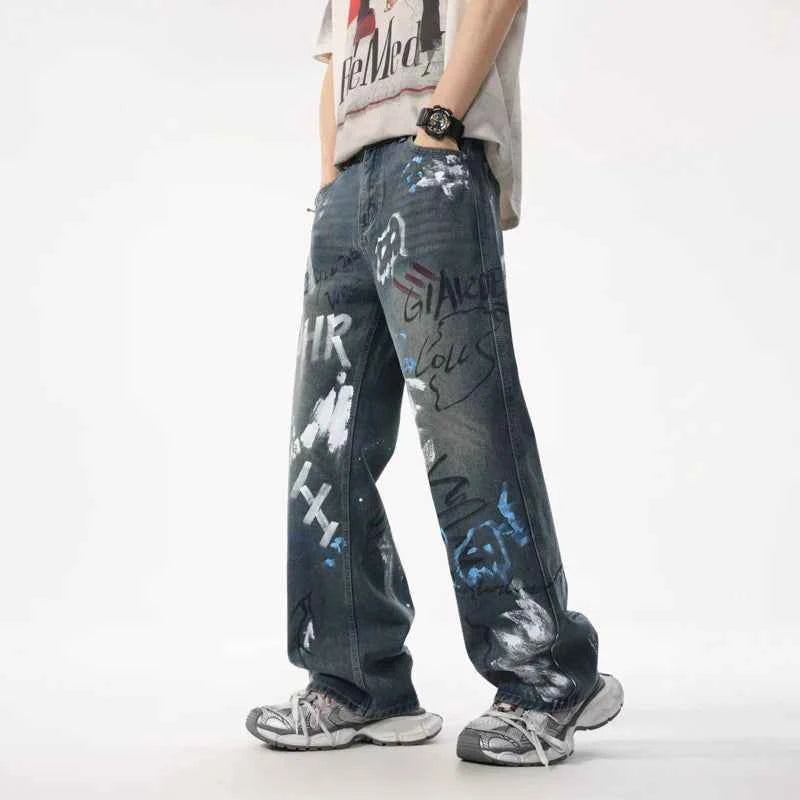 European Summer Tide Graffiti Loose Jeans