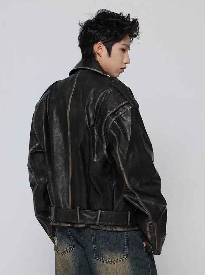 Streetwear Retro Distressed Black Leather Jacket