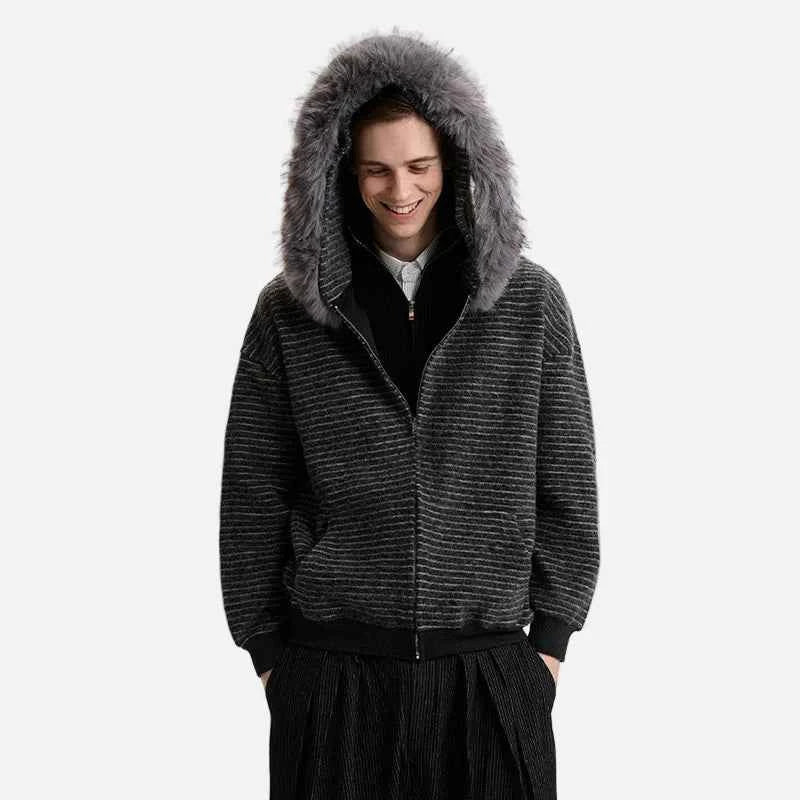 Streetwear Striped Fur Hooded Knit Cardigan