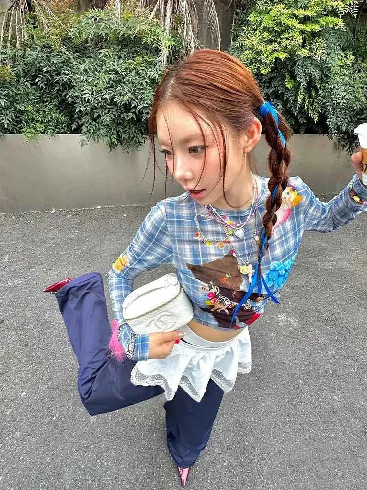 Blue Plaid Graphic Long Sleeve T-Shirt