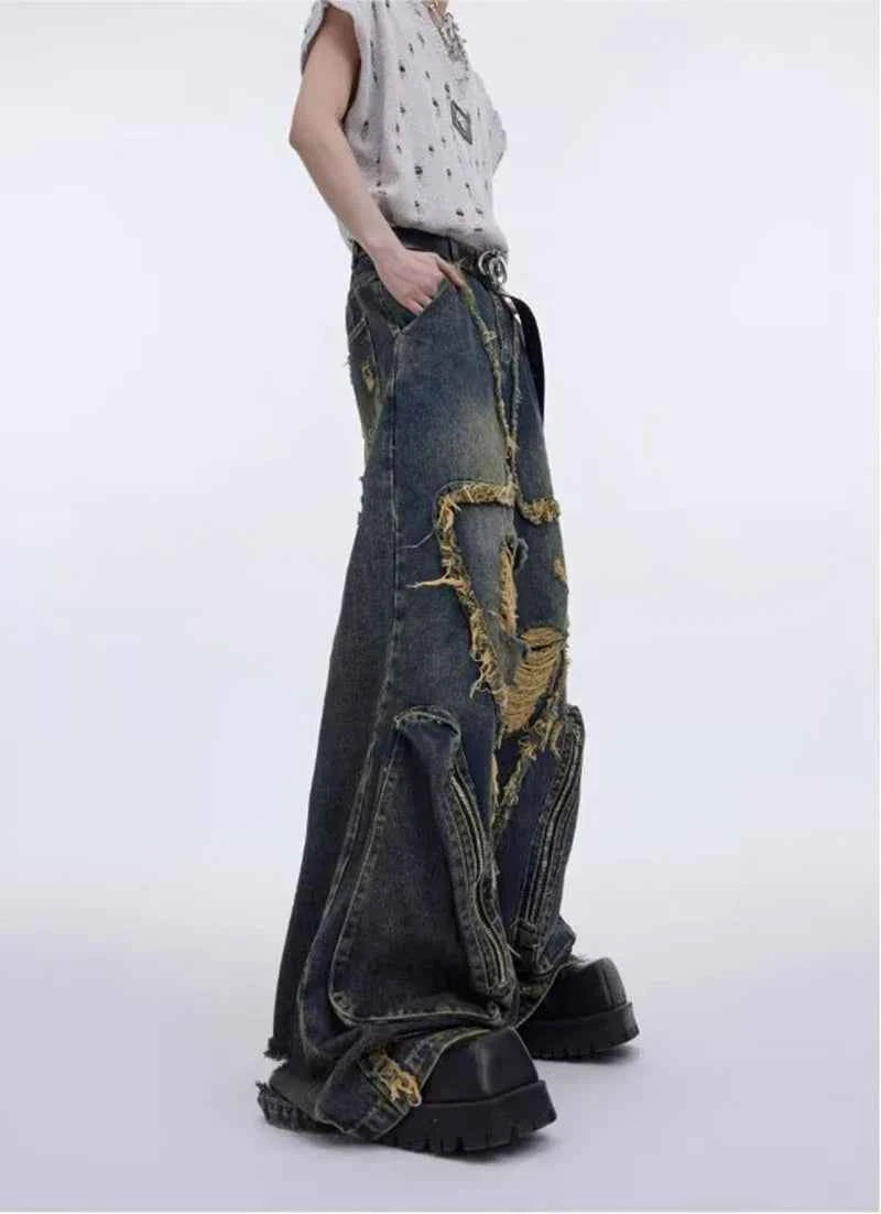 Y2K Streetwear Vintage Splicing Burr Edge Ripped Jeans