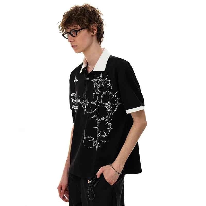 Stylish Color Contrast Splicing Printed Polo T-Shirt