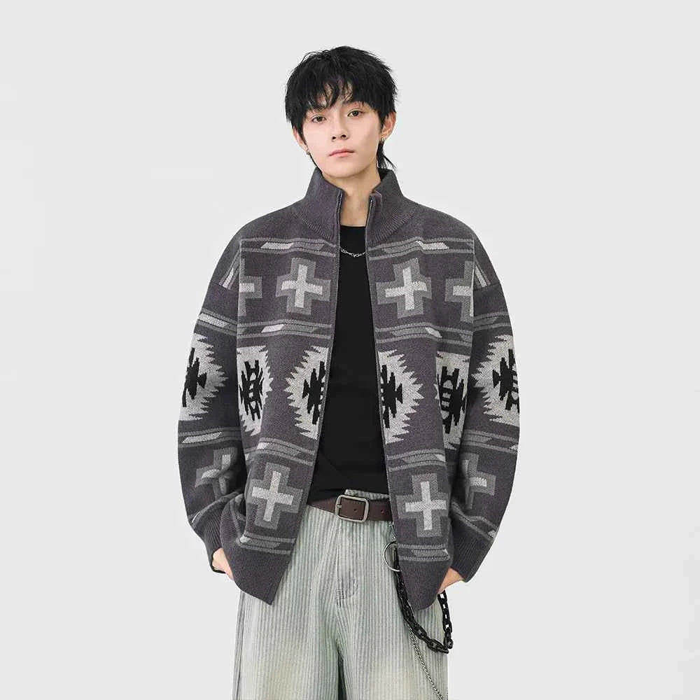 Geometric Pattern Casual Full Zip Cardigan