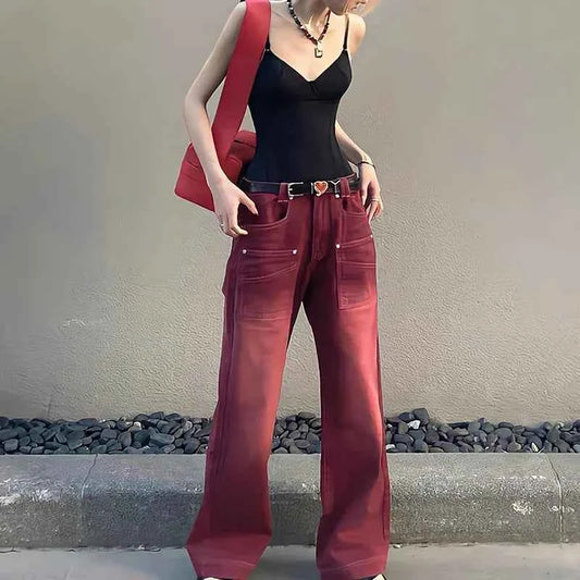 Wine Red Retro European Style Jeans