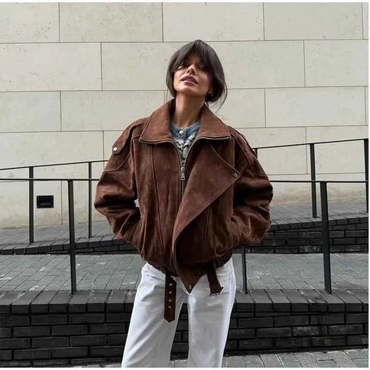 Versatile Retro Lace-Up Zipper jacket