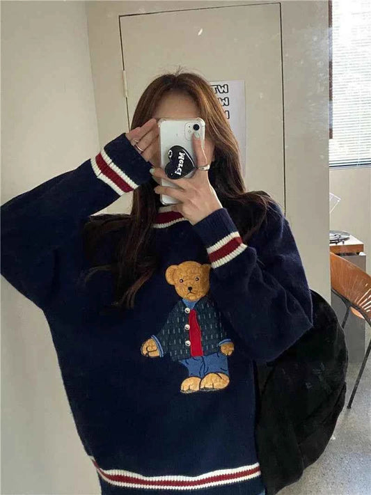 Women Cute Cozy Vintage Bear Knit Sweater
