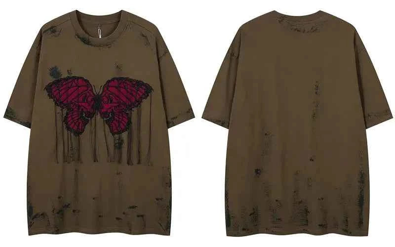 Oversized Grunge Butterfly Embroidered Tie-Dye T-Shirt