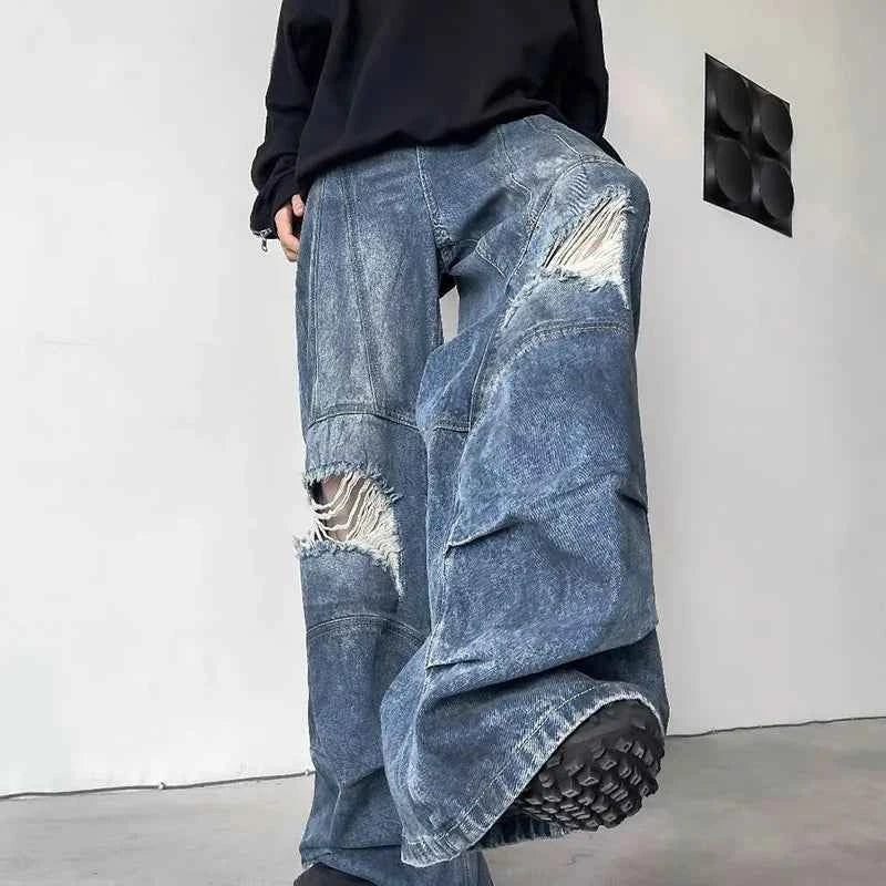 Trendy Wide Leg Broken Hole Jeans