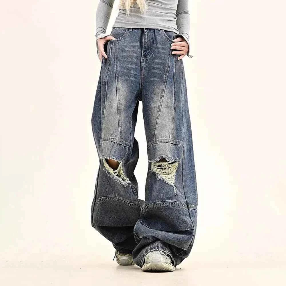 American Style Solid Color Ripped Jeans