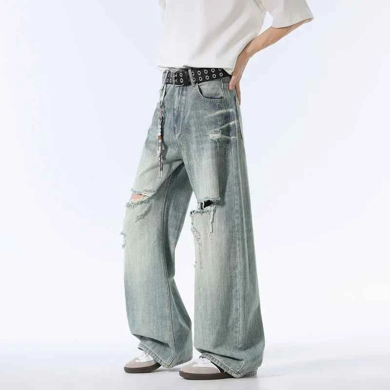 Rugged Blue Distressed Wide Leg Jeans