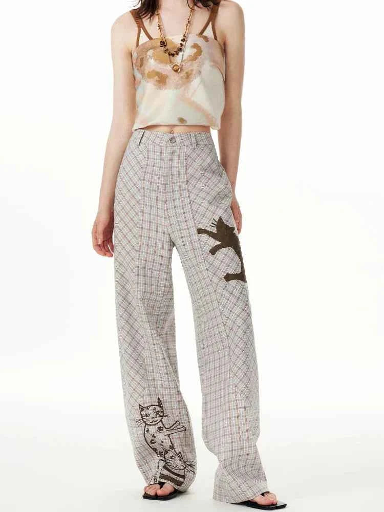 Comfort Plaid Cat Print Retro Sweatpants