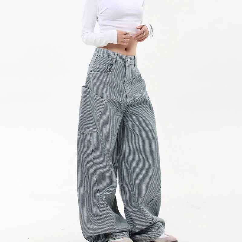 Y2K Striped Curved Knife Wide Leg Cargo Jeans