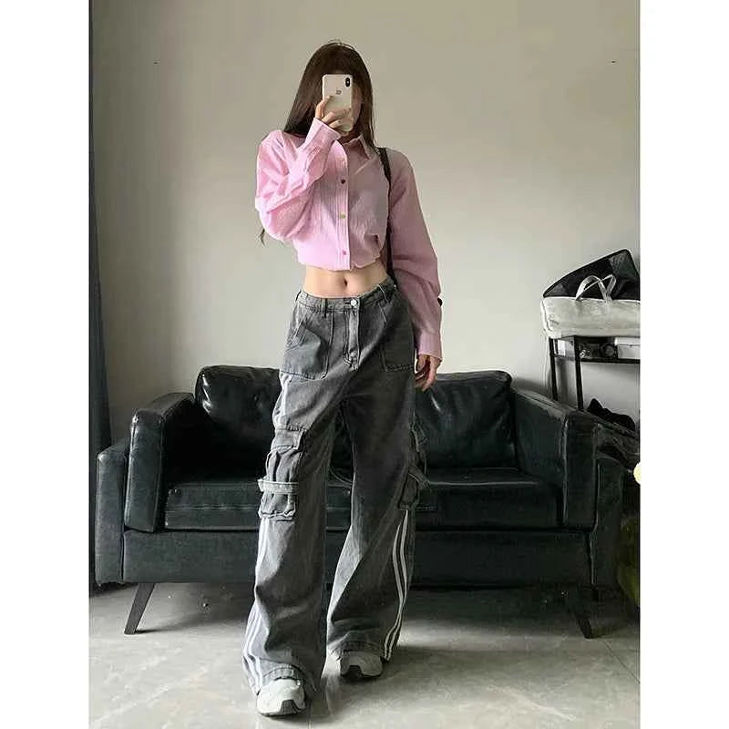 Women Retro Comfort Vintage Blue High Waist Cargo Jeans