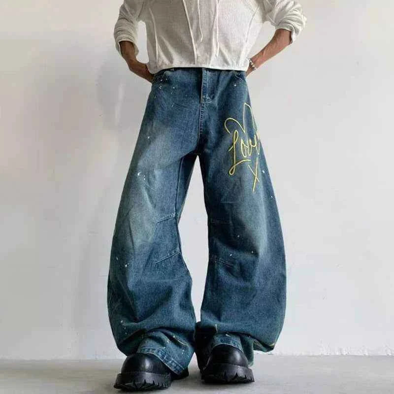 Heart Shaped Embroidery Loose Wide Leg Jeans