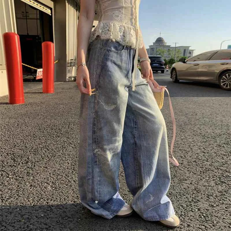 Vintage Korean Style Washed Ripped High-Waisted Jeans