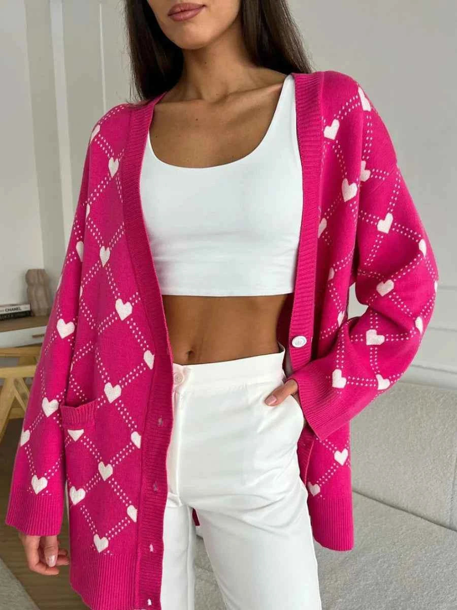 Women Cute Pink Hearts Print Oversize Knitted Cardigan