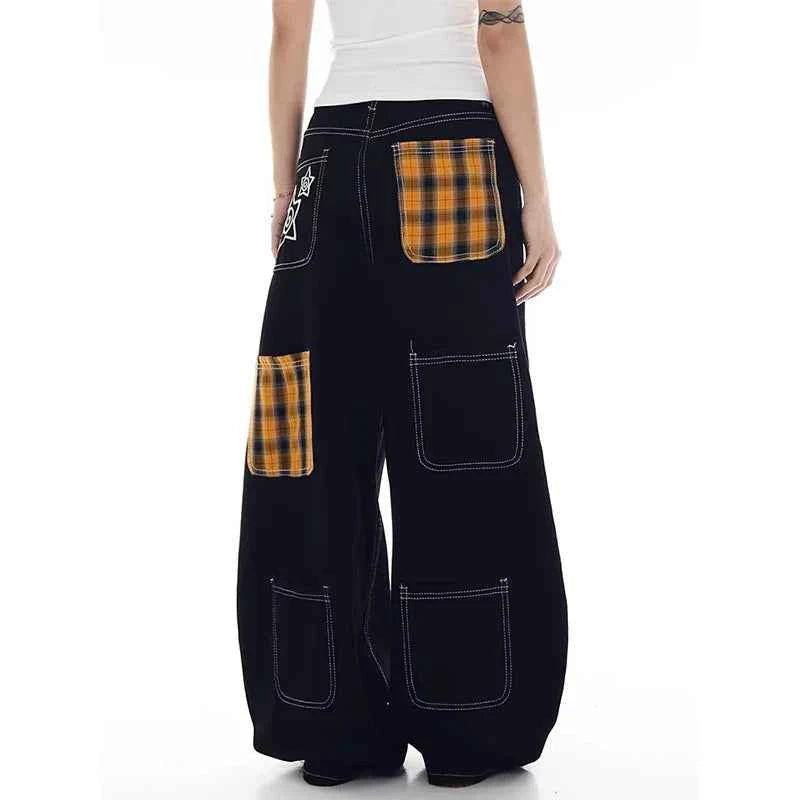 Black Durable Multi Pocket Denim Wide Leg Jeans