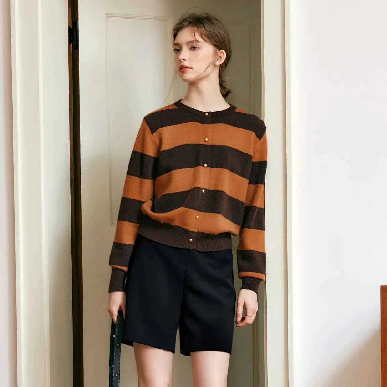 French Lazy Style Striped Knitted Cardigan