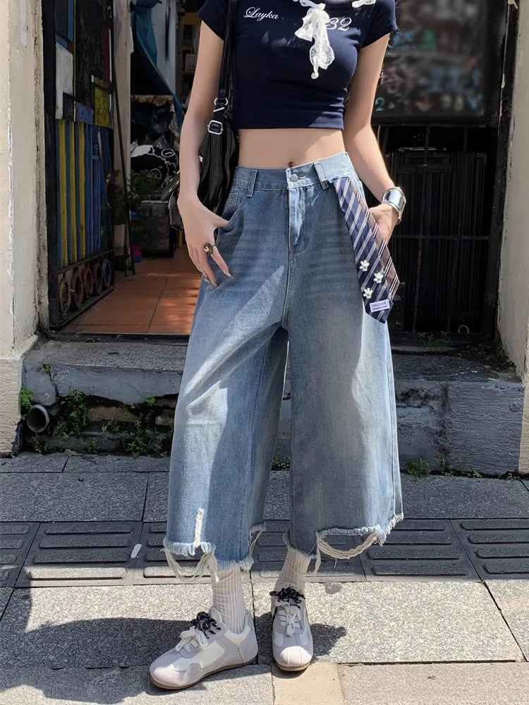 Y2K Patchwork Tie Distressed Denim Jorts
