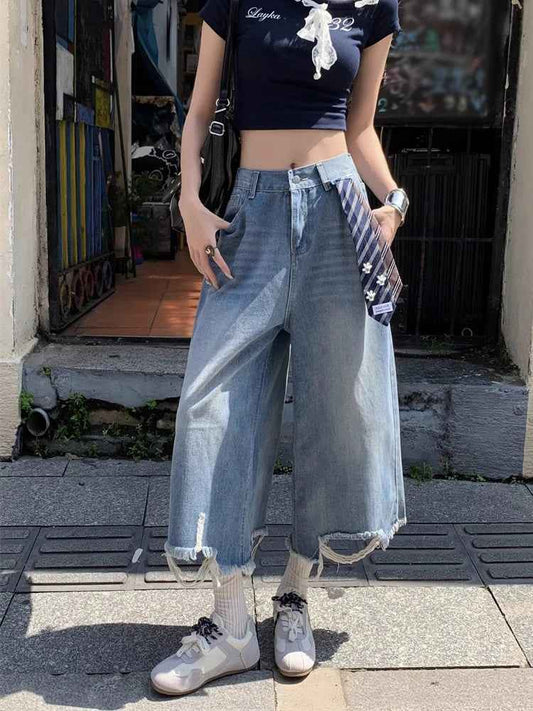 Y2K Patchwork Tie Distressed Denim Jorts