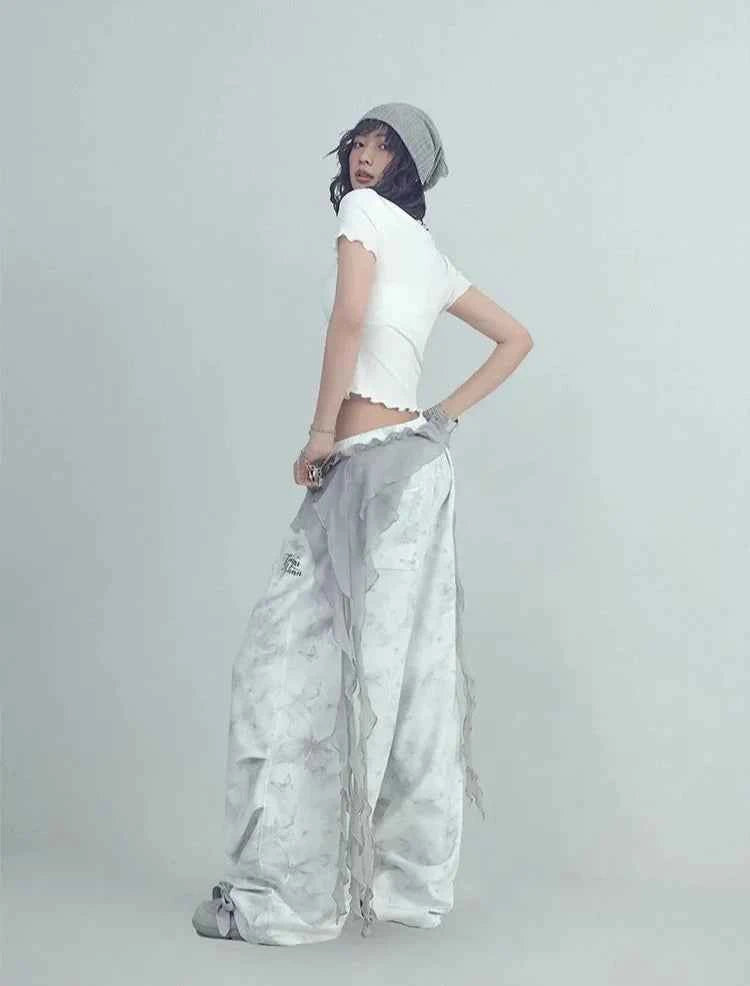White Printed Knitted Paratrooper Pants