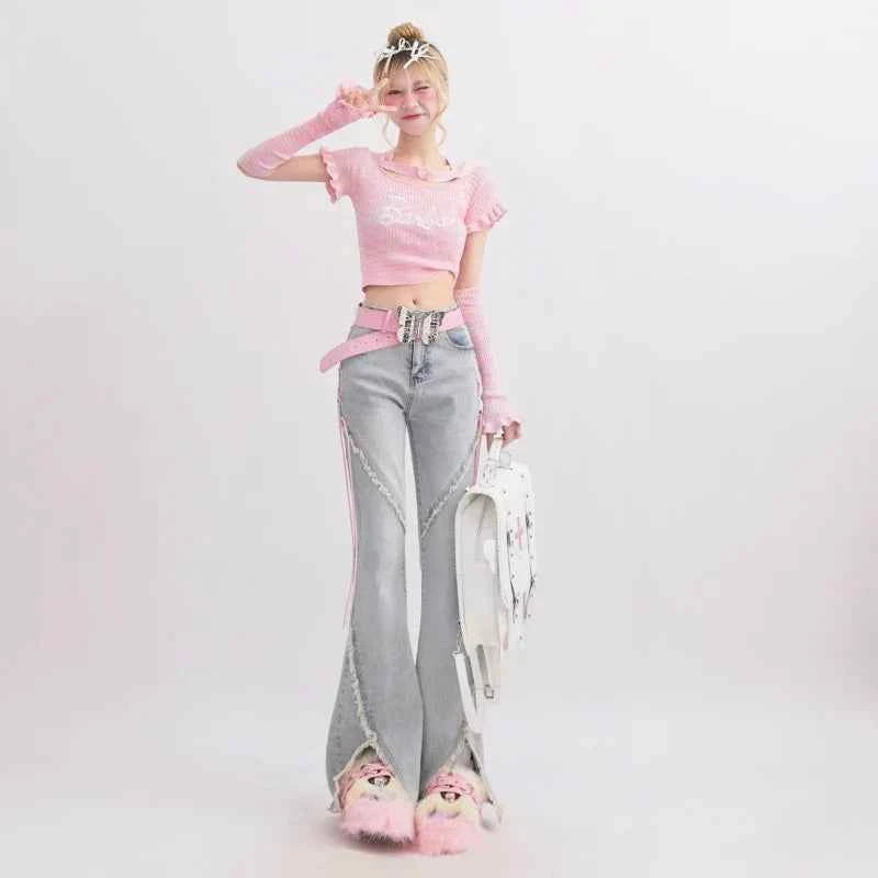 Women Retro Lace Up High Waist Straight Denim Jeans