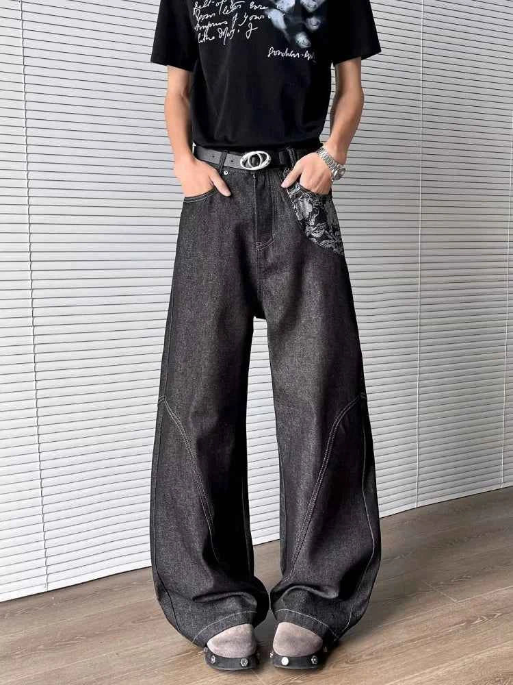 Cyber Graphic Patchwork Baggy Black Jeans