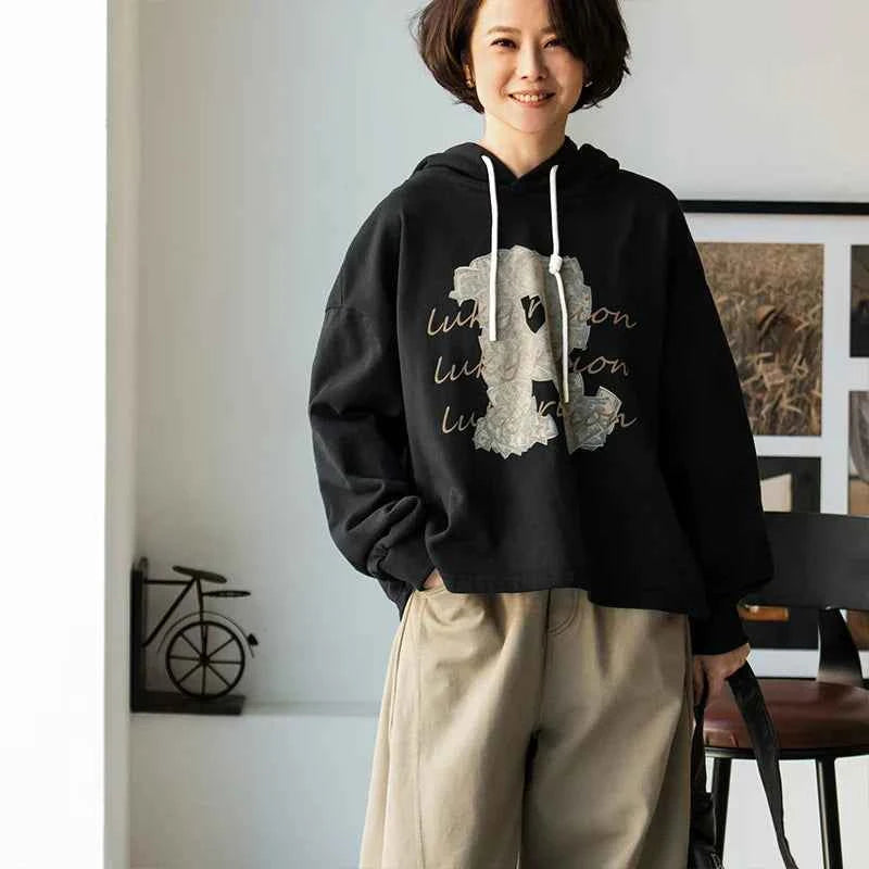 Korean Style Letter Print Black Hoodie